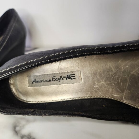 🎊3 FOR $10  AMERICAN EAGLE WOMENS SIZE 8W BLACK WEDGE HEELS WITH BOW ON TOE - Picture 4 of 9